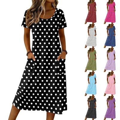 Women's Casual Loose Round-neck Short-sleeved Pocketed Mid-length Dress
