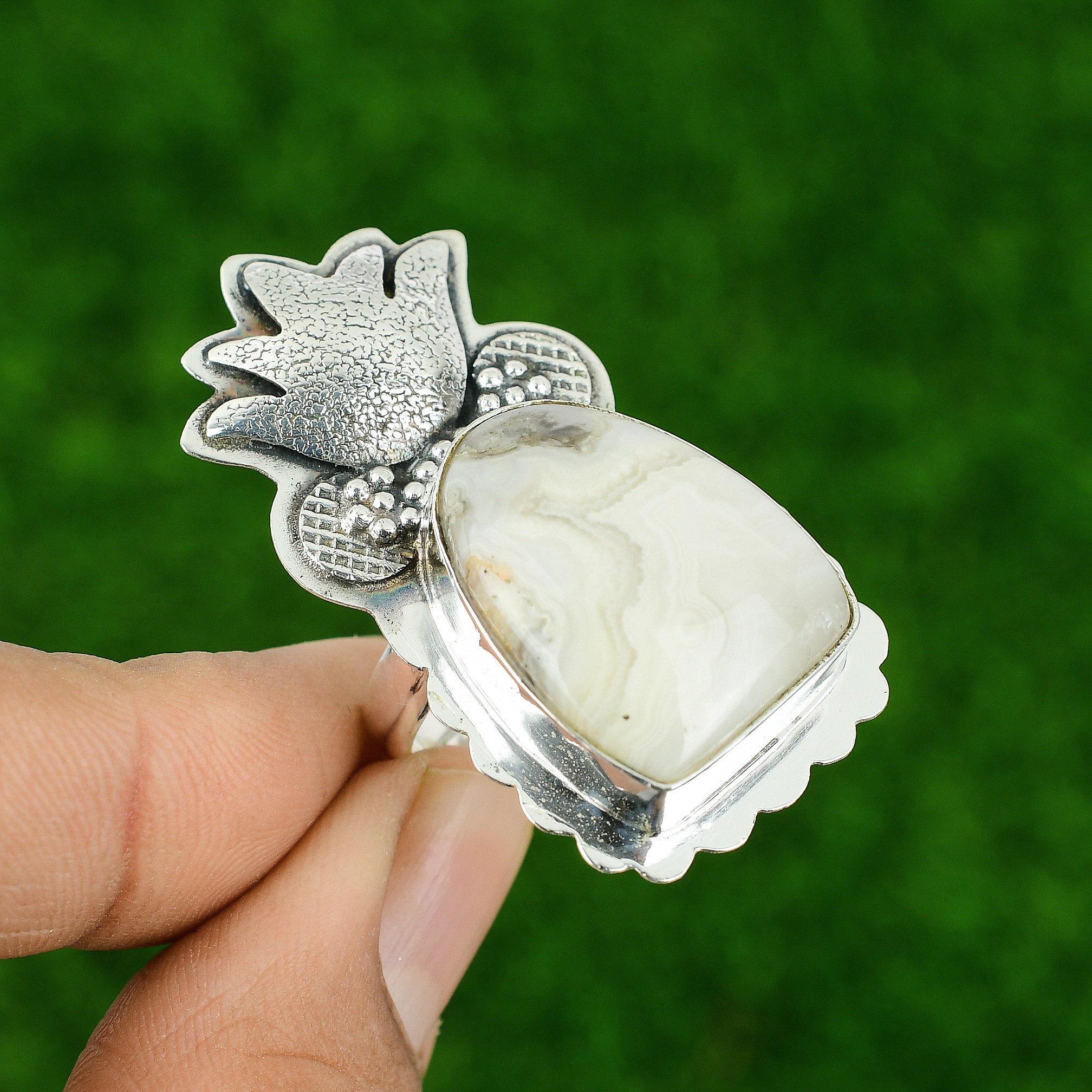 

925 Sterling Silver Pyramid Natural Botswana Agate Wedding Promise Sister Ring Adjustable