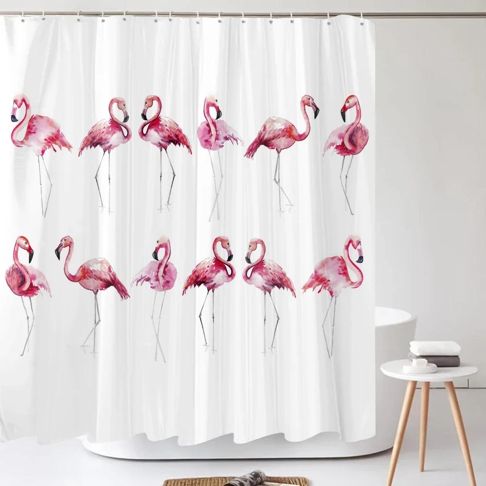 Pink Flamingo Pattern Shower Curtains for Bathroom Tropical Plant Flower and Bird Shower Curtain Waterproof Fabric with Hooks