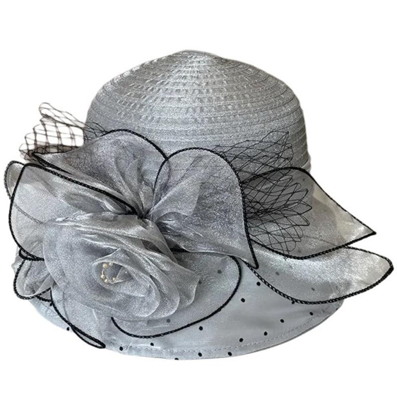 

Elegant Bowler Hat for Girls Women Fascinator Fisherman Hat with Large Flower Summer Organza Hat Wide Brimmed One Size