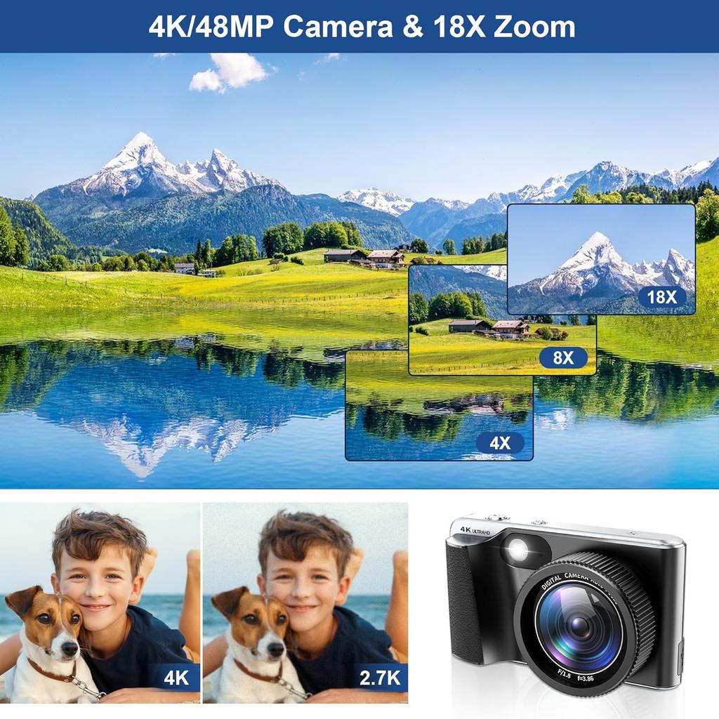 4K Digital Camera,Autofocus 48MP Vlogging Camera for Photography YouTube Compact Camera with Flash,18X Digital Zoom, Anti Shake, Macro Photography,