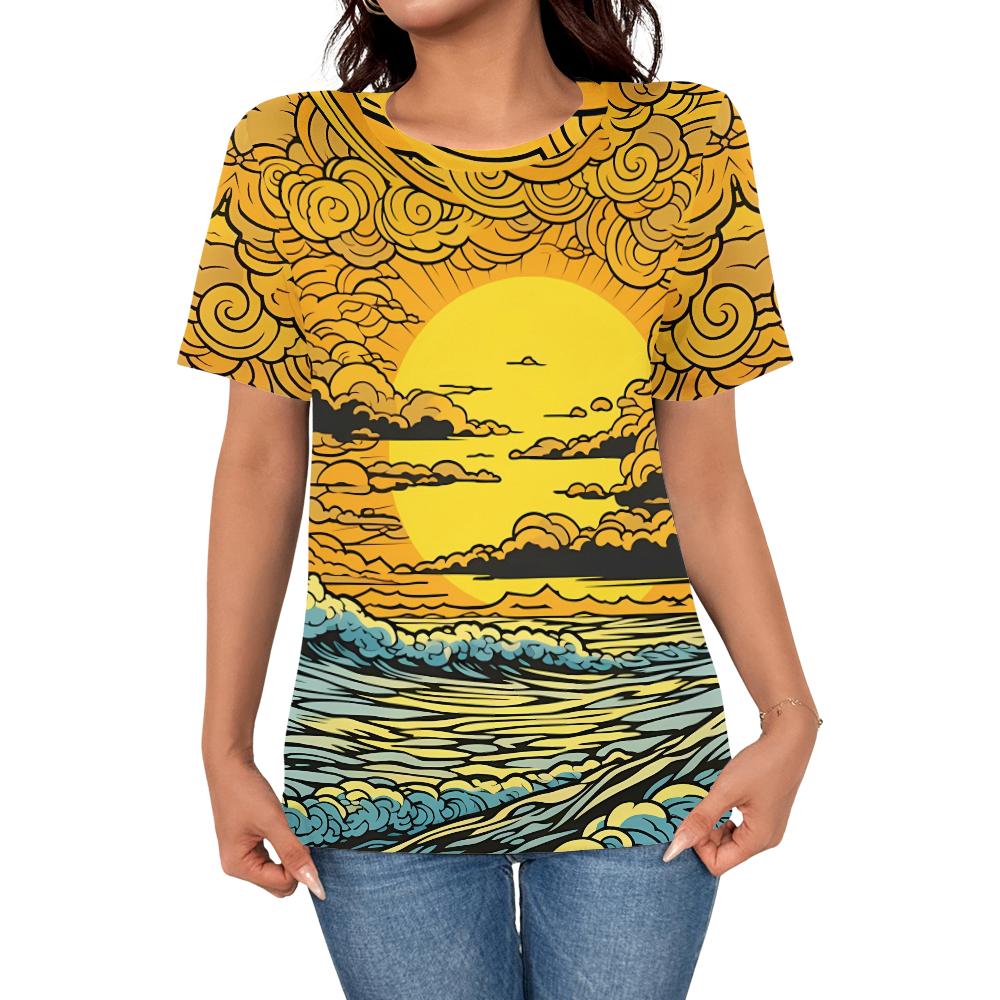 Summer Women s Elegant Personalized Cartoon Sunset 3D Printed Top T-shirt Women s Casual Fashion Short Sleeve Top S