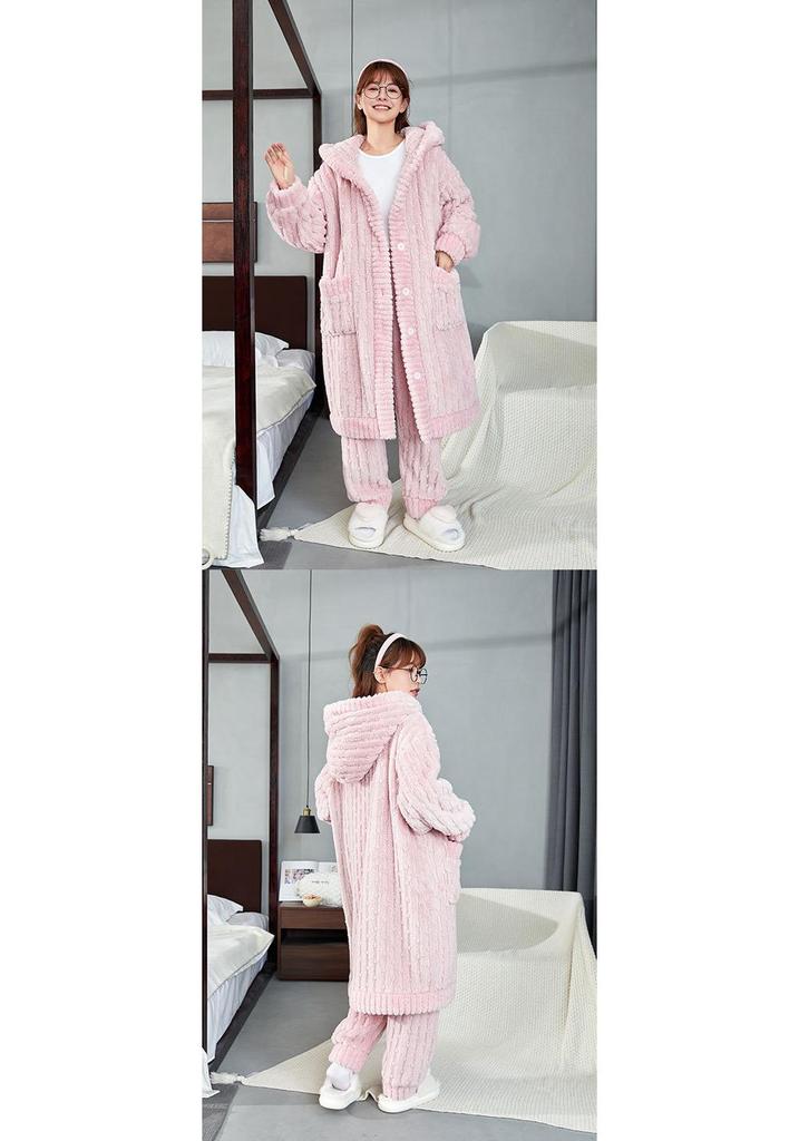 Women's Thickened Flannel Pajama Set - Coral Fleece Long Robe for Autumn/Winter
