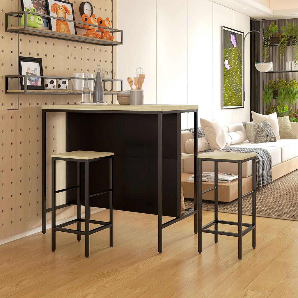 Bar Set, 2 Bar Stools & 1 Bar Table, Stain-Resistant, Sturdy, Steel Frame, Black/Oak