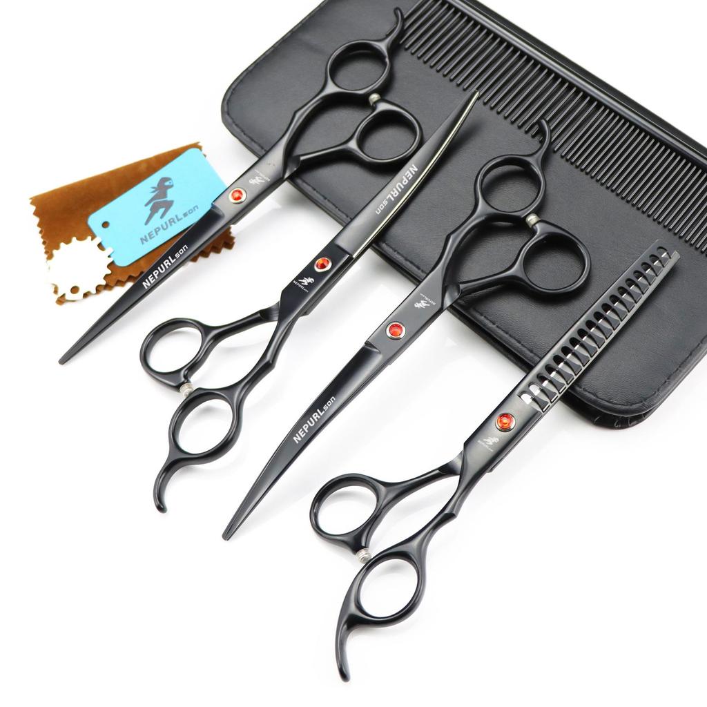 7.0" Black Grooming Scissors Set: 4-Piece Straight Shears with Comb