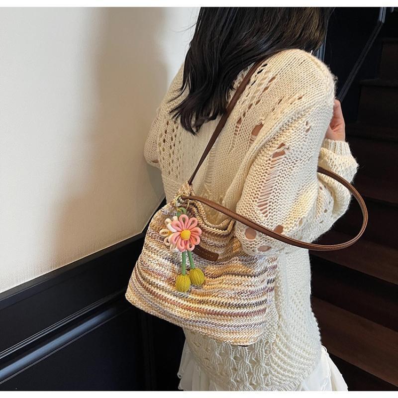 Fashionable Woven Straw Women'S Shoulder Bag Large Capacity Tote Bag Summer Holiday Style Polyester Material Bag