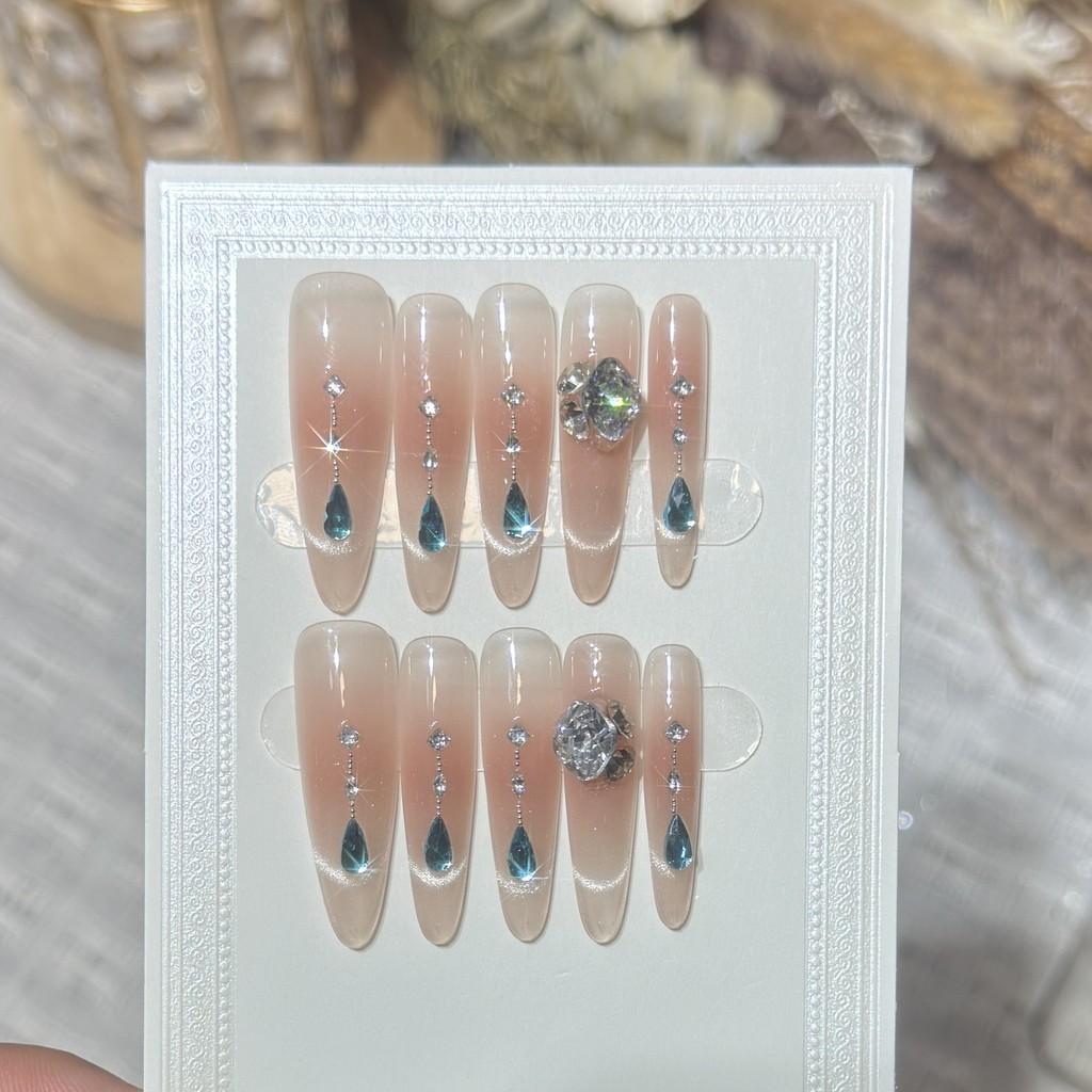 Handmade Press On Nail French Gentle Sparkling Cat Eye Blue Diamond Light Luxury Long Stiletto Fake Nail Patch Artificial Nail Reusable