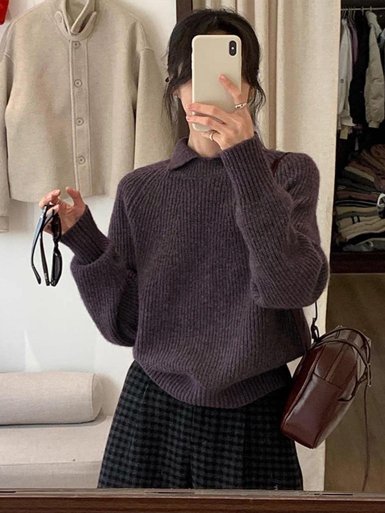 Women's Fuzzy Gray Lapel Sweater - Cozy Korean Loose Fit for Autumn/Winter