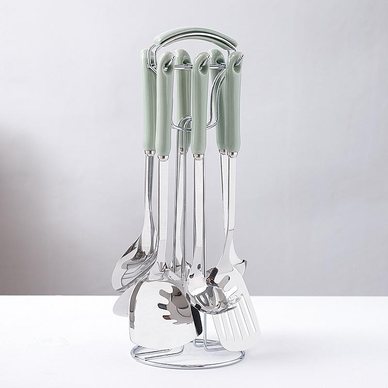 7Pcs Ceramic Handle Stainless Steel Cookware Set Soup Ladle Frying Spatula Colander Spoon Kitchen Accessories Cooking Tools