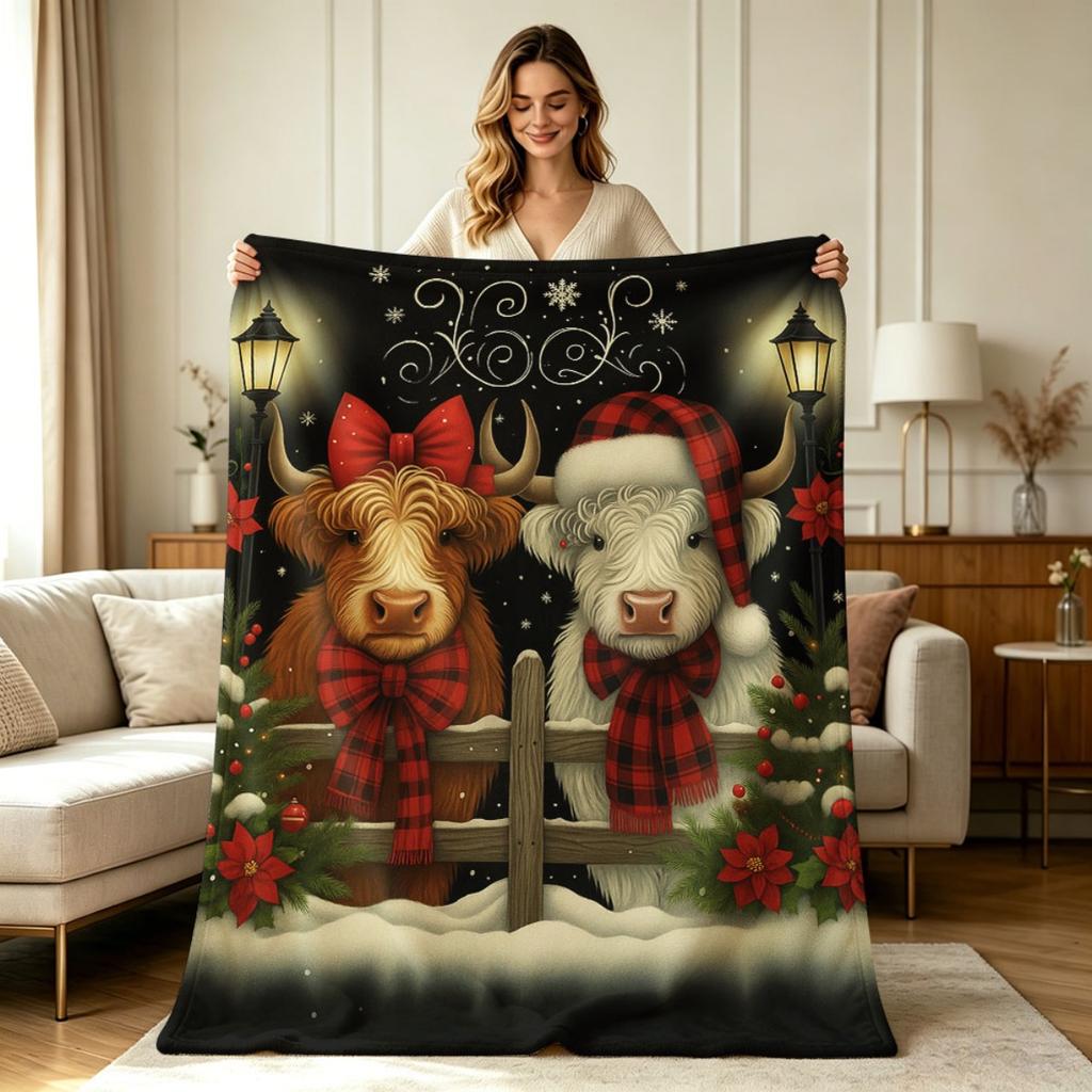 Soft Warm Flannel Blanket with Christmas Highland Cow Holiday Print Cozy All Season Throw Blanket for Sofa Couch Bedroom Living Room Home Decor Winter