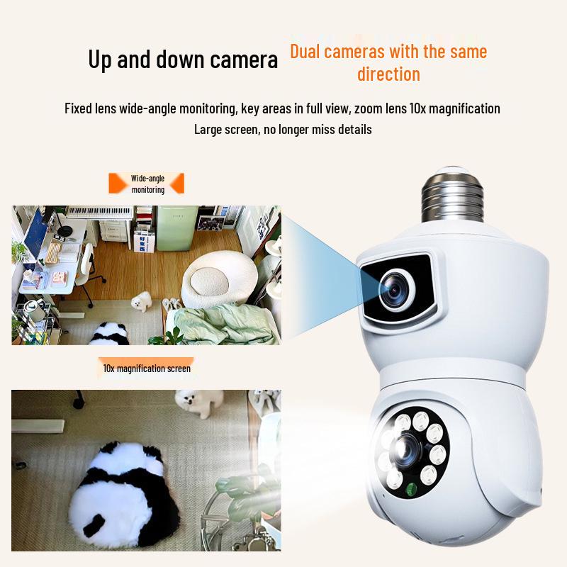 Dual Lens WiFi PTZ Smart Bulb Surveillance Camera with Full Color E27