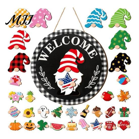 Festive Wooden Door Decoration 1 Set Interchangeable Welcome Sign with Seasonal Hat Accessories Gnome Hats Highland Cow Hanging Front Home