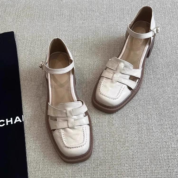 Retro woven hollow bag head Roman sandals women's soft sheepskin one-word buckle strap non-grinding feet soft sole high-heeled pig cage shoes