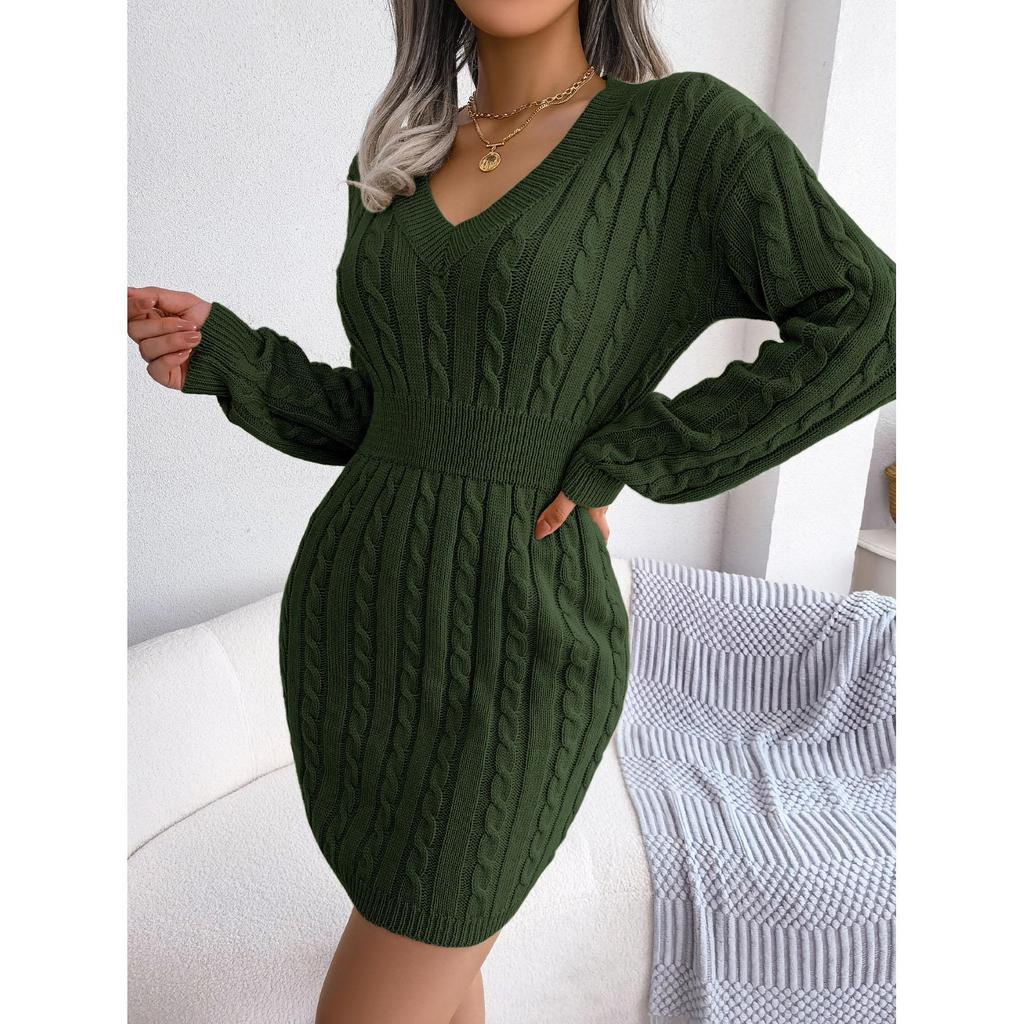 Damen Pulloverkleider Cocktail V-Ausschnitt Strickkleid Pullover Etuikleid