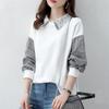 Frauen Drehen Unten Kragen Langarm Bluse Tops Frühling Mode Splice Pullover Tops