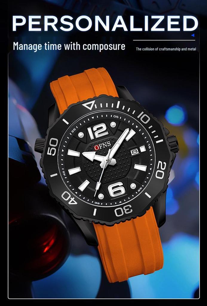 OFNS Men's Rotating Bezel Quartz Watch: 3D Numerals, Waterproof, Steel Strap, Ideal for Business & Commuting