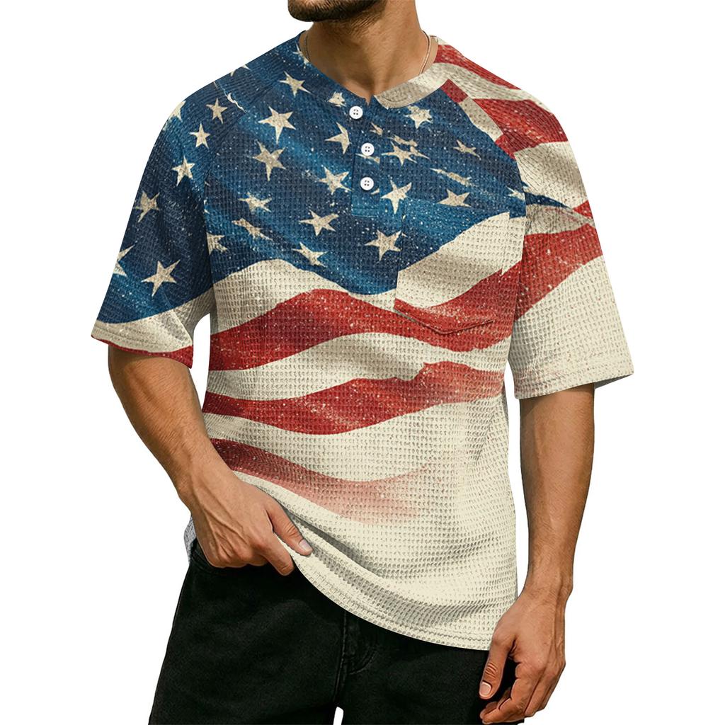 Men's Casual Waffle Knit Short Sleeve Shirt Button Front Patriotic Star Print Lightweight Breathable Summer Top