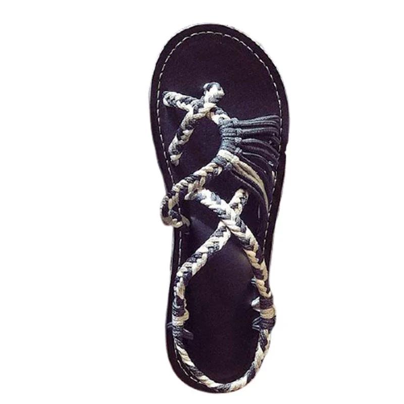 Módní dámské letní žabky sandály boty smíšené barevné sladění uzel z provazu plážové palcové římské sandály ležérní pohodlné boty plus size