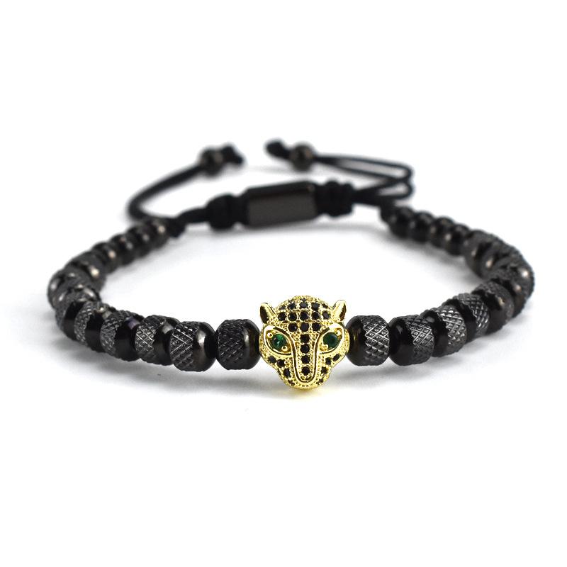 Luxury Royal Black Leopard Head Man Bracelet Stainless Steel Beads Hand Jewelry Big Boy Gift