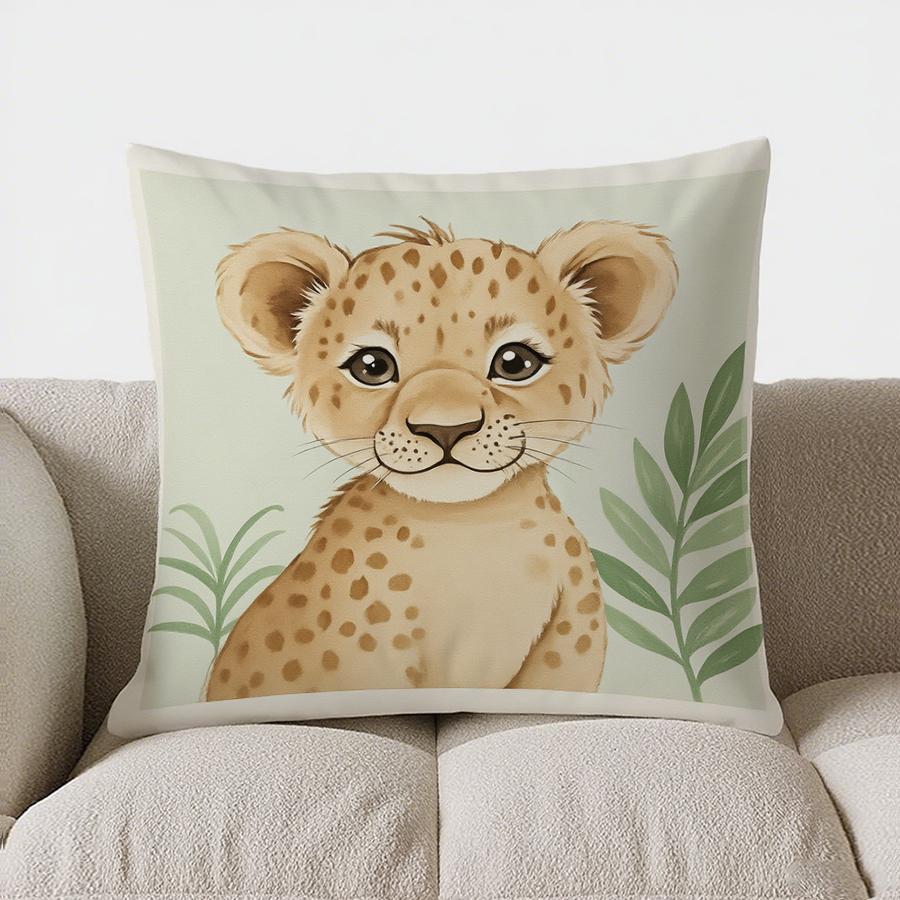 Home Decor Cute Cheetah Cub With Leaves Pillow Cover Pattern Cushion Cover Suitable For Sofa Bedroom Car Pillow Cover