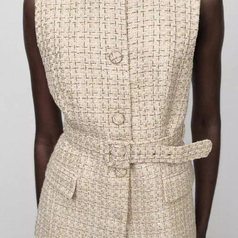 Autumn and Winter New Women Western Style With Belt Graceful Plaid Texture Sleeveless Vest Vest 9208956
