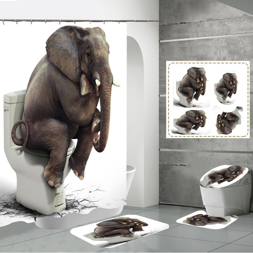 Polyester Elephant 3D Digital Printing Bathroom Personalized Partition Shower Curtain Four-Piece Set