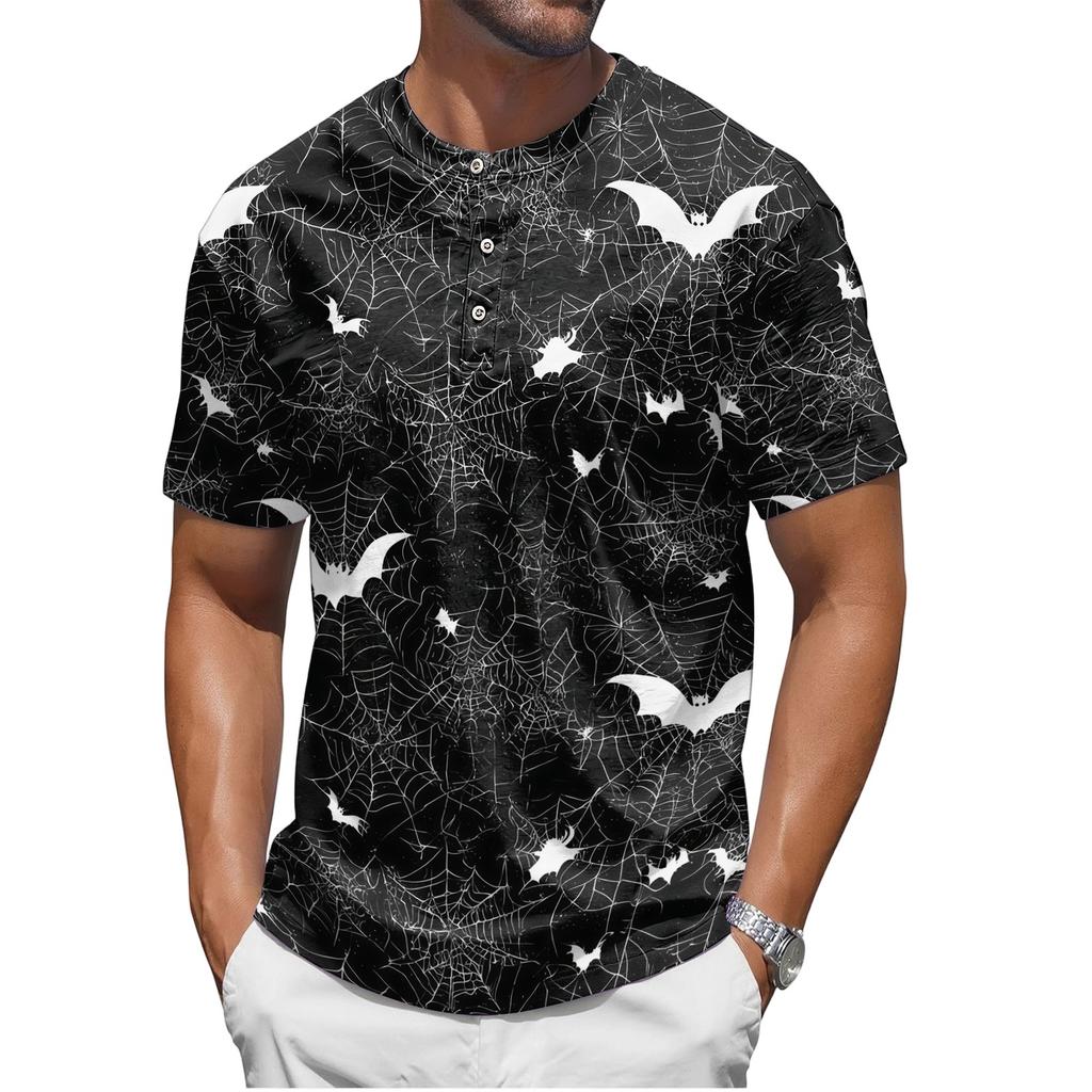 Men's Halloween Print Short Sleeve Henley Shirt Casual Round Neck Top with Button Detail Lightweight Breathable Fabric