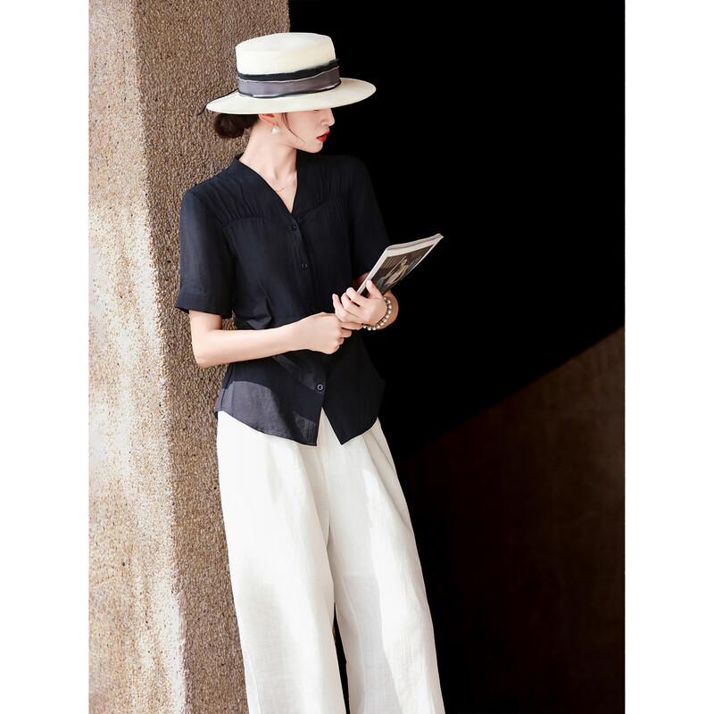 Women's Elegant V-Neck Patchwork Short Sleeve Blouse