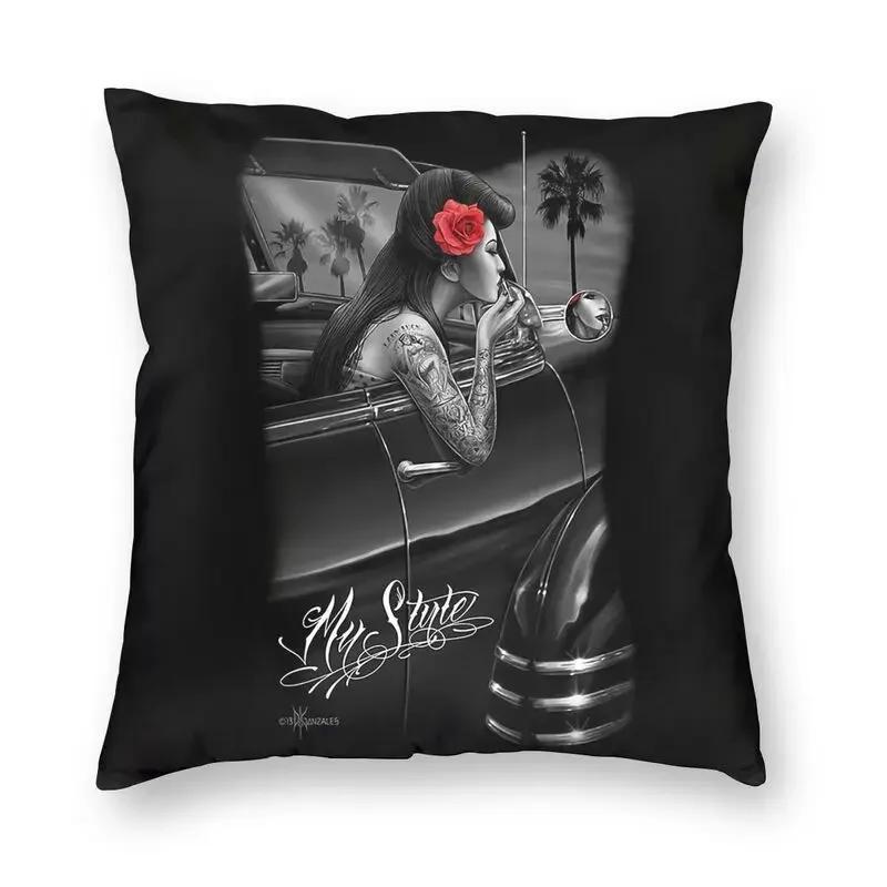 Halloween Zuckerschädel Mädchen Kissenbezug Sofa Heim Dekoration Mexikanisch Chicano Stil Quadratischer Wurfkissenbezug 40x40cm