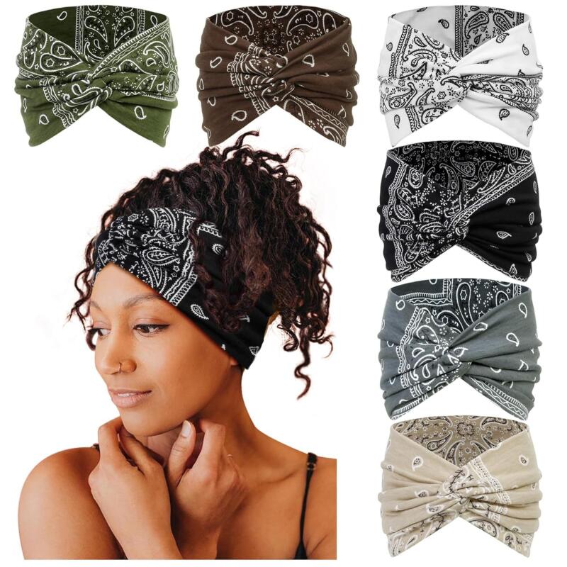 Bohemian Wide Headband Sweat-Absorbent Yoga Hair Wrap Cross-Tie Design 8cm Elastic Bandana - 6-Pack Set for Women Girls