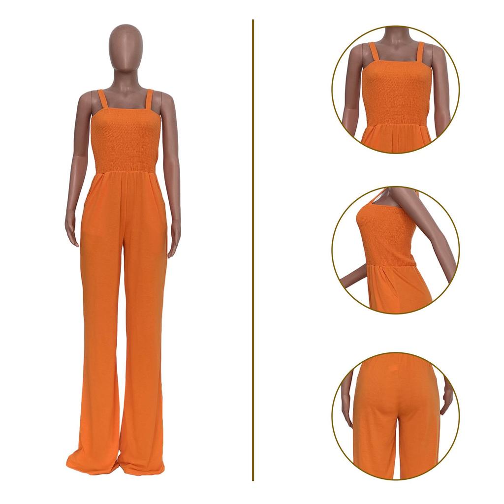 European & American Women's Solid Color Wide-Leg Suspender Jumpsuit