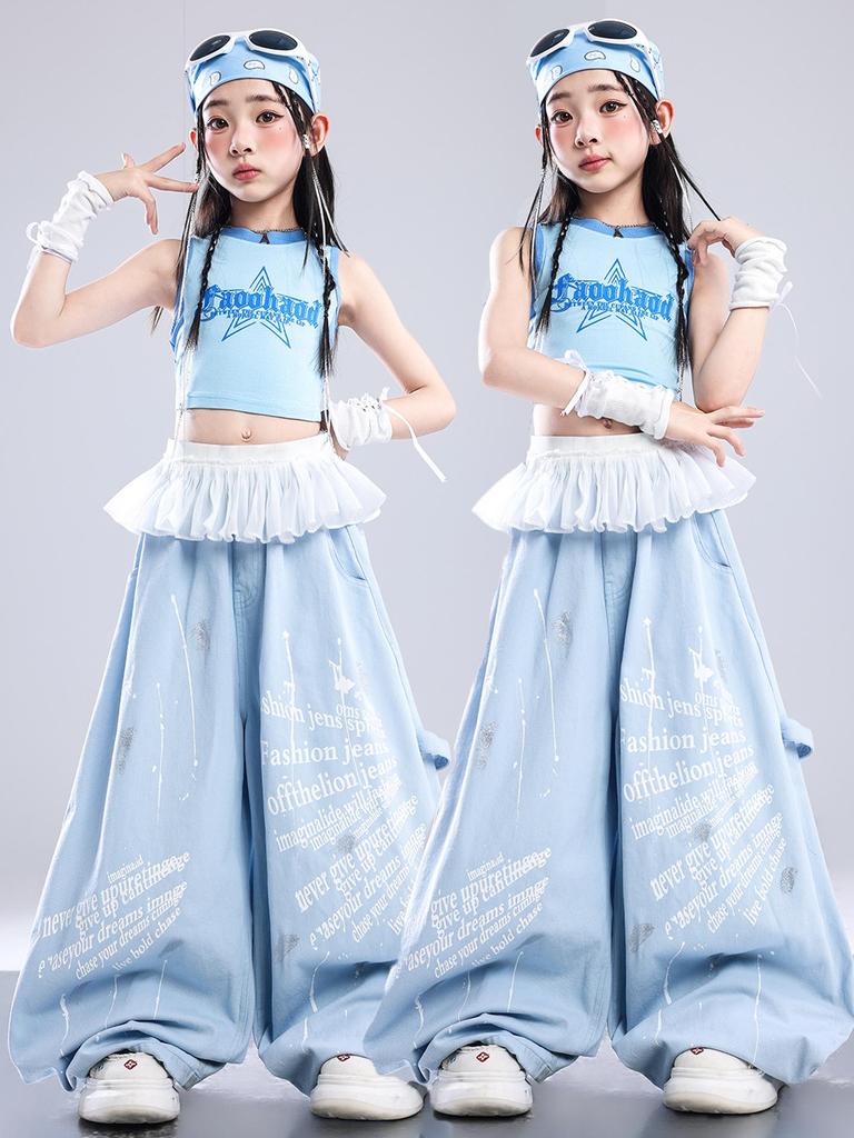 Trendy Blue Jazz Dance Costumes for Girls - Fashionable Performance Outfits for Children's Fashion Shows