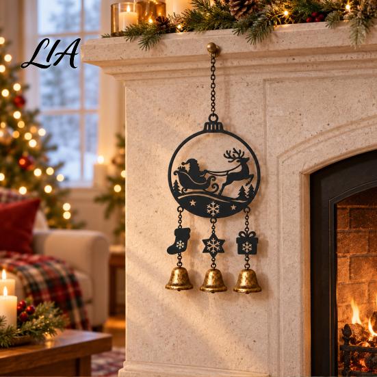 Retro Holiday Window Accents Christmas Wind Chime with Metal Bells, Vintage Santa/Snowman/Deer/Bell/Wreath Iron Creative Soft Furnishings Hanging