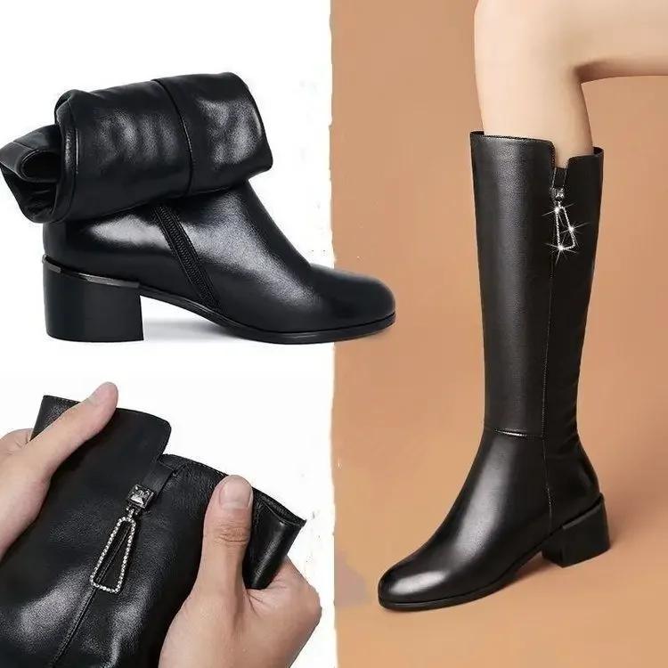 Women Boots Zipper Thick High Heels Simple Fashion Thick High Heels Autumn Winter Woman Boots Knee High Botas