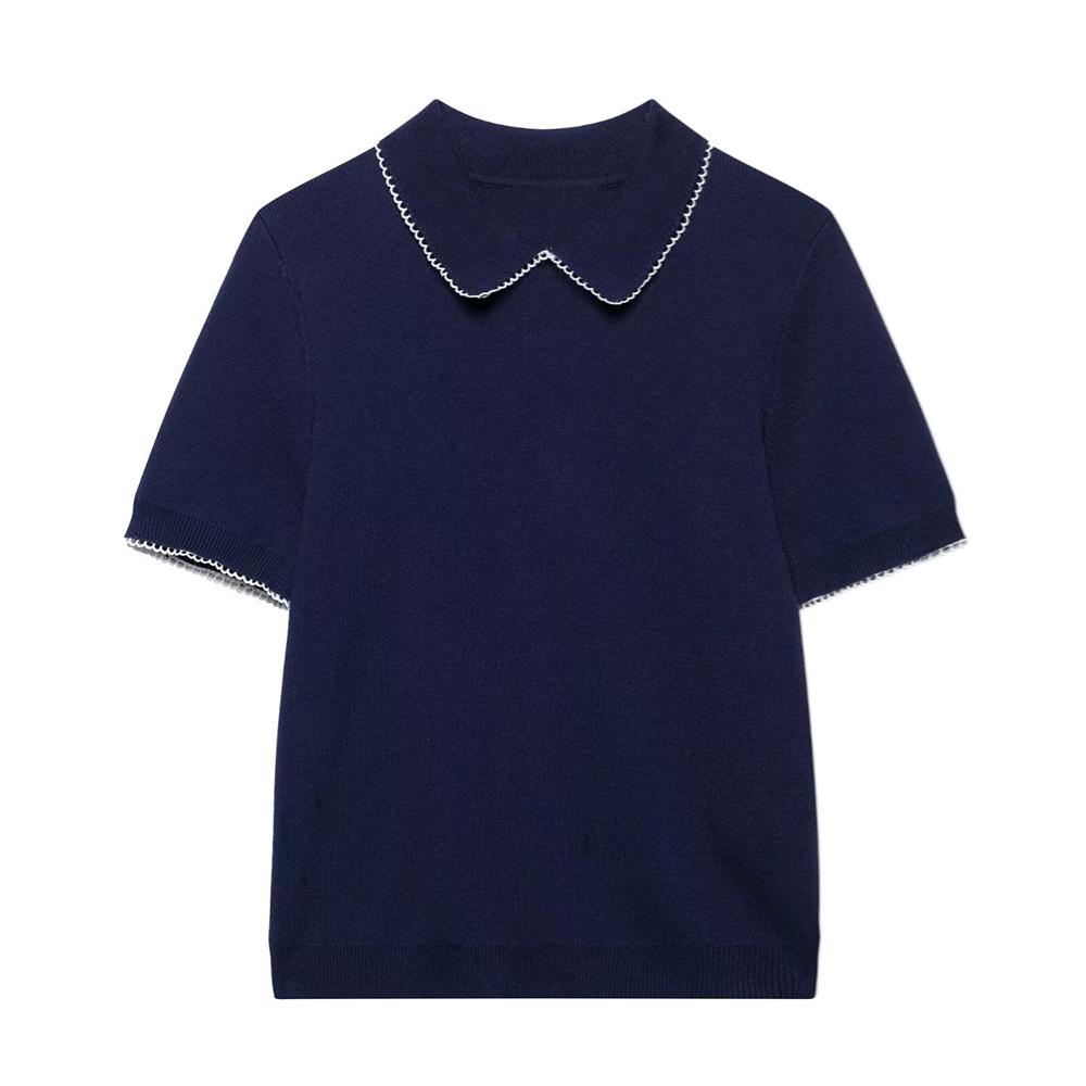 

Женский трикотаж облегающего кроя с лацканами и короткими рукавами, пуловер, весна/лето 2025 Small темно-синий