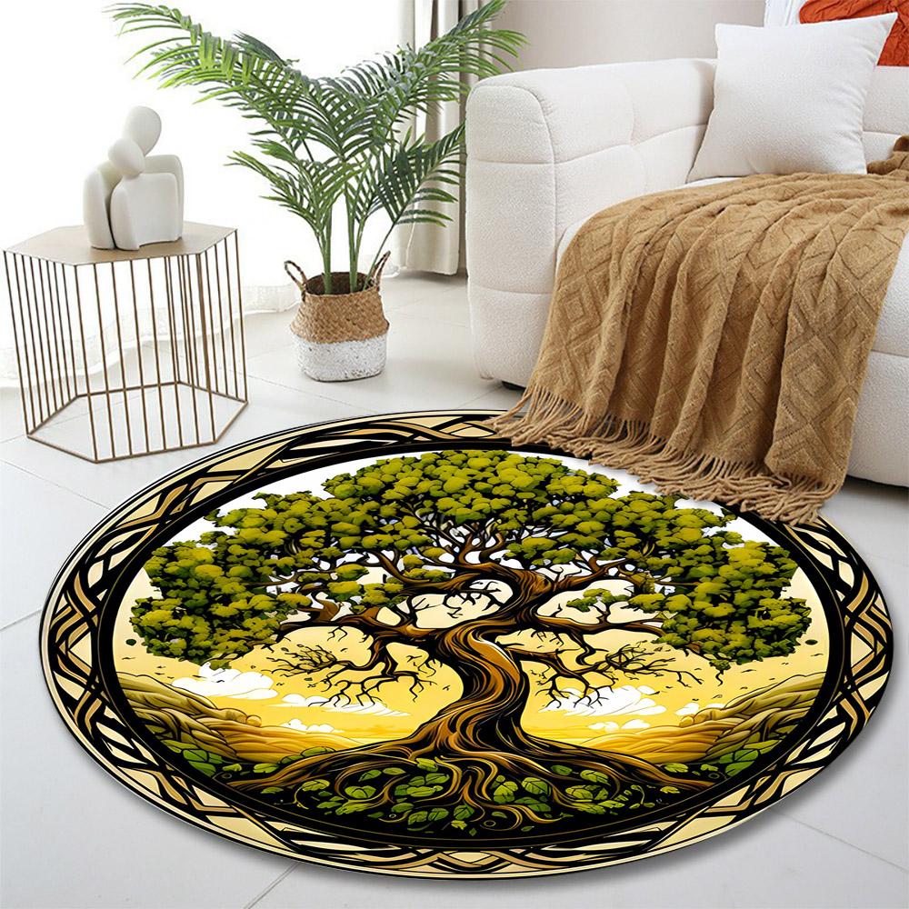 Golden Tree of Life Design Print round rug, living room, bedroom, playroom carpet, non slip floor mat, gift