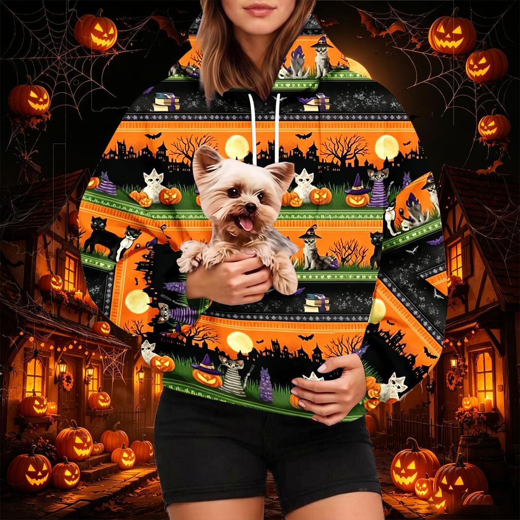 Dámská módní mikina s kapucí a potiskem na Halloween s kapsou na mazlíčka, ležérní mikina