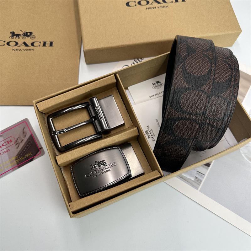 Men's Classic Double Buckle Leather Belt with C Buckle and Fabric Texture - Business Casual Trousers Accessory