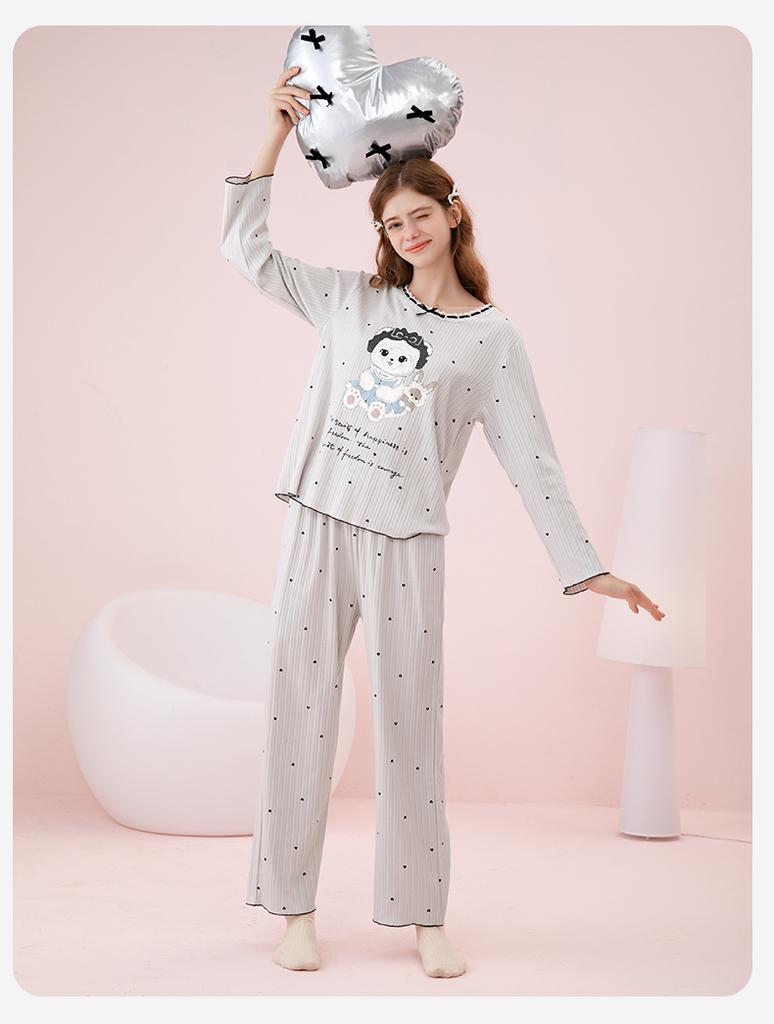 Fenteng [100% Cotton] Skin Friendly Round Neck Long Sleeved Puppy Sweet Girl Student Pajamas Home Suit Set