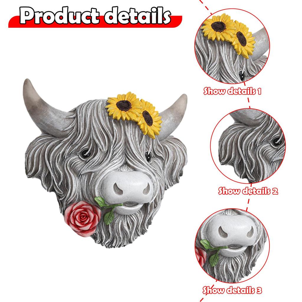 Highland Cow Head Wall Decor Wall Sculpture Cute Decorative Wall Art Decor Ornament for Home Fence Farmhouse Office Outdoor