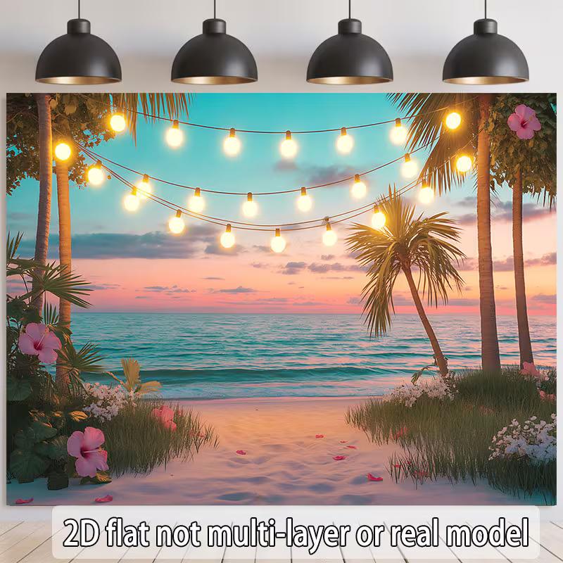 2D Summer Beach Party Banner, String Light Palm Tree Backdrop for Decor