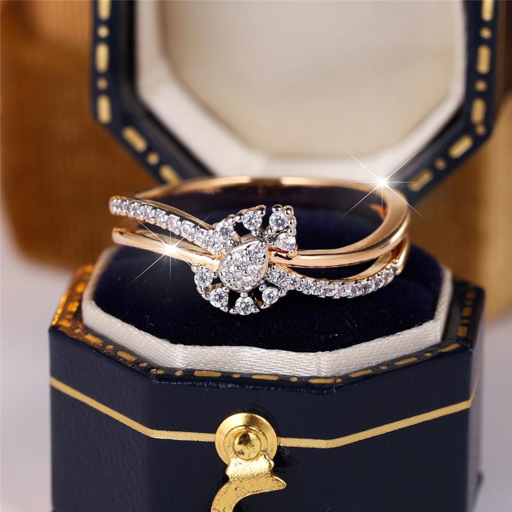 Cute Female White Zircon Stone Gold Color Wedding Jewelry Promise Engagement Flower Rings For Women
