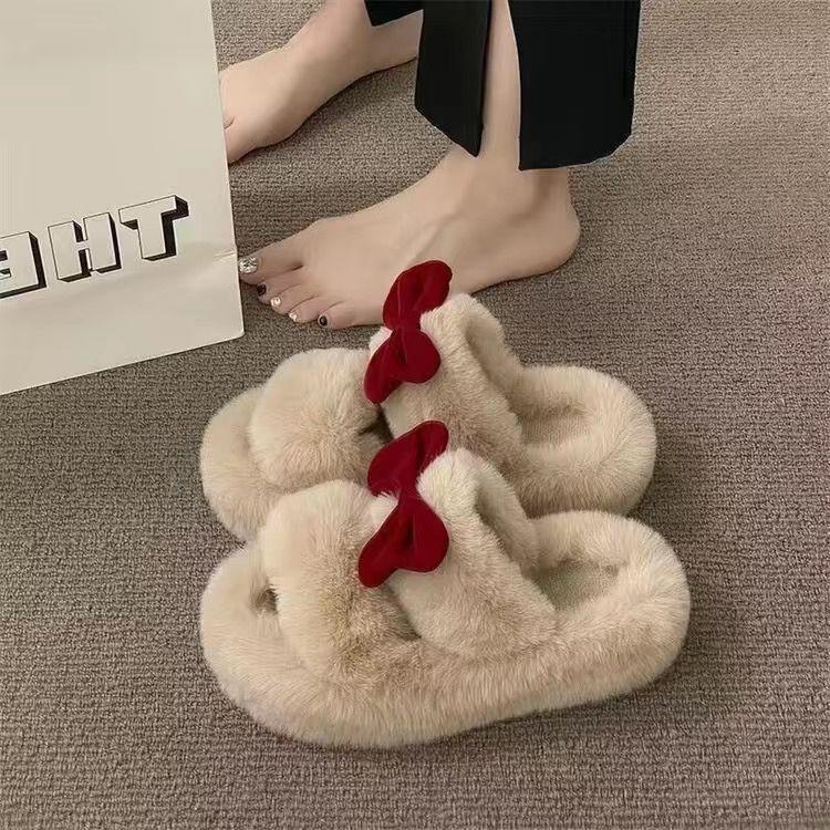 Fairy Wind Bow Hair Slippers Female Wear Superior Sense 2025 New Autumn and Winter Student Dormitory Office Cotton Flops