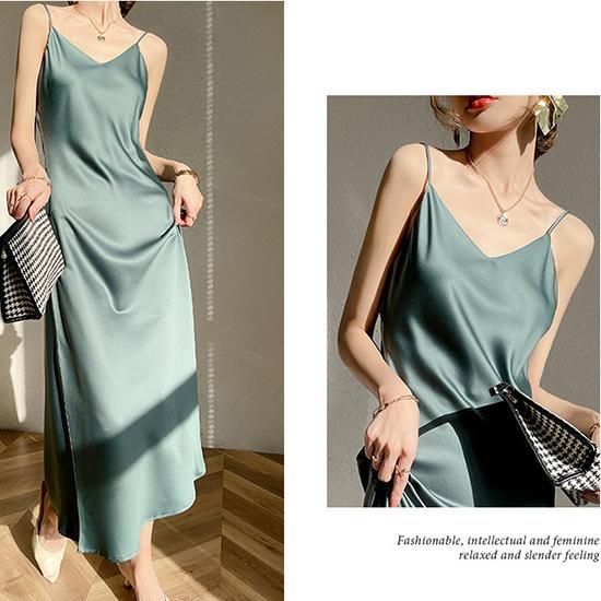 Summer French Acetic Acid Satin Sexy Strap Dress Women's Mid Length Style with Solid Color Underlay Skirt Fashion Women's Wear