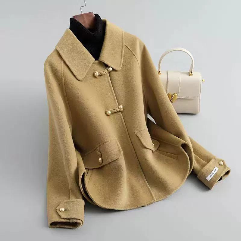 Spring and Autumn Women Wool Coat Short Small Double-sided Fleece Coat Fashionable Chinese Style Loose Woolen Top with Buckle