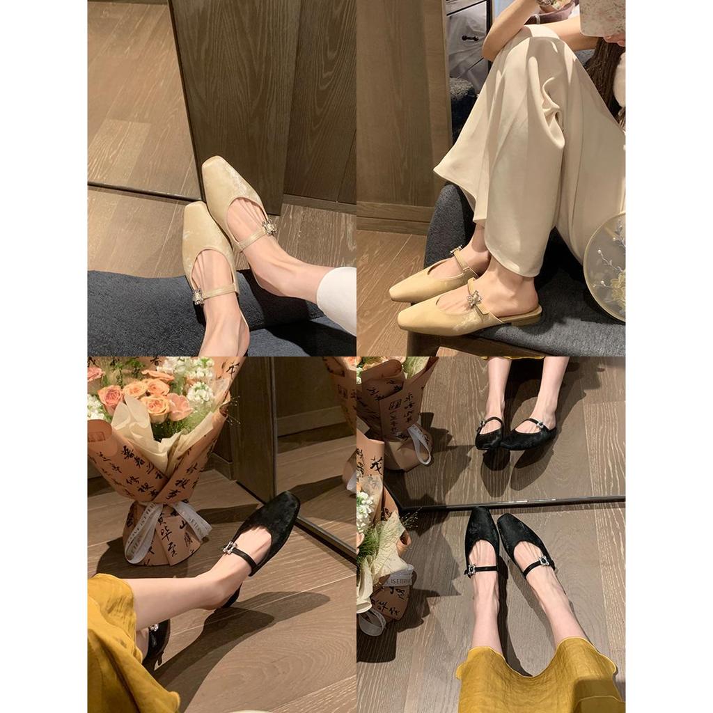 Grape Mom French Square Toe Diamond Buckle Low Heel Pointed Toe Mule Slippers for Women