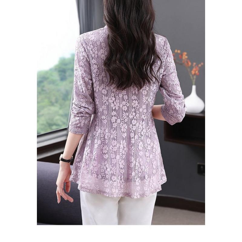 Lace Shirt Women's Long Sleeve Spring Autumn New V-neck Mid-length Waist Middle-aged Mother's Top Fashionable