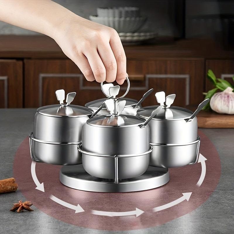 Stainless Steel Seasoning Jar Set with Spoon Spice Container with Swivel Base Salt Sugar Condiment Pot Kitchen Accessories.