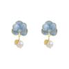 Blue Enamel Flower Pearl Drop Earrings - Unique Retro Forest Style