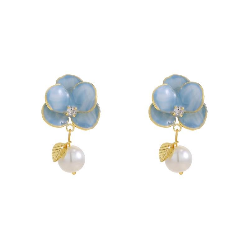 Blue Enamel Flower Pearl Drop Earrings - Unique Retro Forest Style